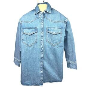Levis Vintage Sawtooth Western Blue Denim Pearl Snap Up Shirt Small Flap Pockets